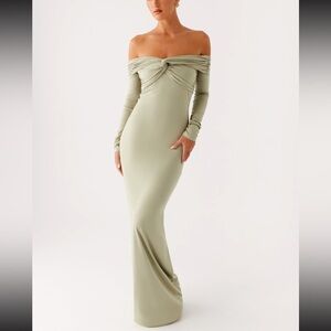 Peppermayo Off-Shoulder Long Sleeve Dress in Sage